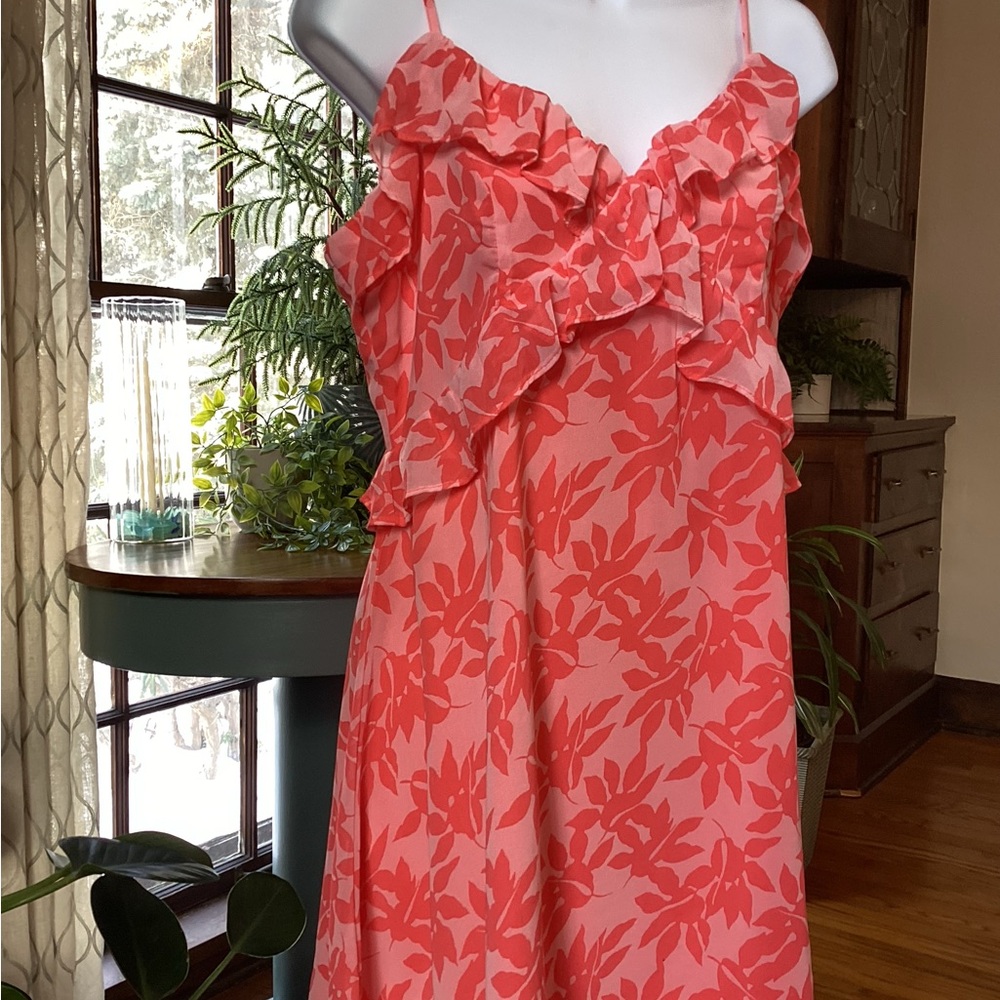 Francesca’s Miami Pink and Coral Floral Ruffle Slip Dress LNWOT Size L
